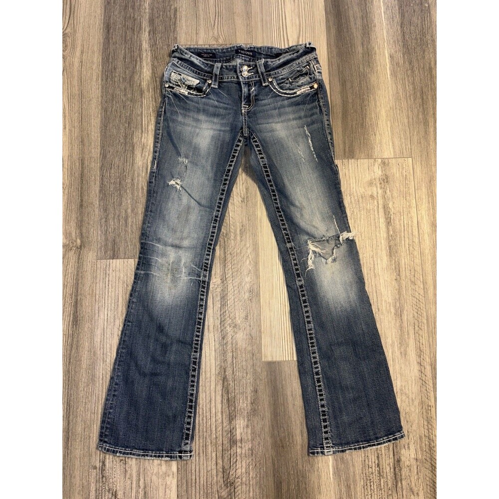 Vigoss Jeans Womens 5/6 Blue New York Boot Cut Low Rise Bedazzled Distressed Y2K